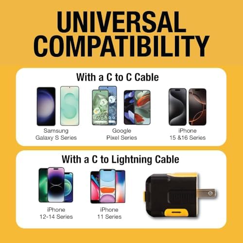 DEWALT 49.5 W Heavy-Duty USB-C and Dual USB Wall Charger Block – Compact Fast Charging Adapter for i Phone 16/15/14, Galaxy, Pixel 4/3 & i Pad – Durable Foldable Design for Ultimate Portability and Versatile Device Compatibility