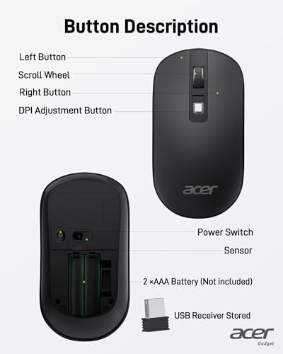 Acer Ergonomic Wireless Vertical Mouse – Adjustable DPI (1000/1200/1600) for Ultimate Comfort, 6 Programmable Buttons, Rechargeable Design & 2.4 GHz USB Receiver for Seamless Compatibility with PC, Laptop & i Mac – Perfect for Long Hours of Use