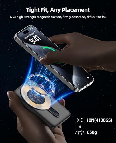 Magnetic 10,000 m Ah Wireless Power Bank – Fast Charging Mini Portable Charger with LED Display & Type-C Cable for Mag Safe i Phone 12/13/14/15 – Ultimate On-the-Go Charging Solution in Sleek Black Finish