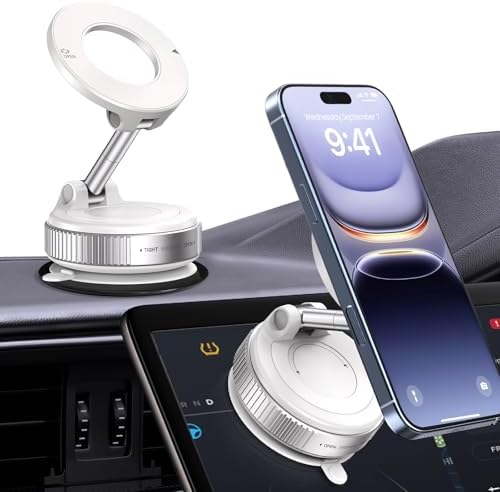 360° Rotatable Vacuum Magnetic Phone Holder, Foldable and Retractable Suction Cup Car Phone Mount for Car/Gym/Mirror/Smooth Surface, Compatible with iPhone Android and All Smartphones (Black) – Enhanced Compatibility and Speed