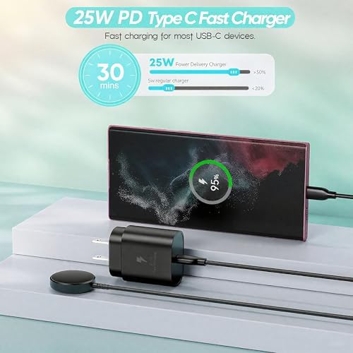 Effortlessly Power Up Your Galaxy Devices with the 25 W 2-in-1 Fast Charger – Optimized USB-C Solution for Charging Galaxy Watches and S20 to S24 Smartphones Simultaneously – Compact 3 ft Cable for Enhanced Portability and Performance Mastery
