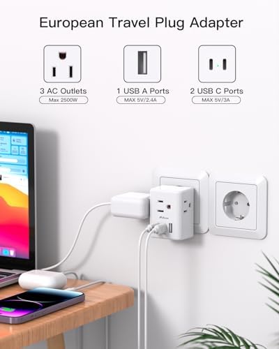 Universal European Travel Power Adapter with Dual USB-C Charging Ports – 3 Outlet Type E/F Plug for Effortless Device Connectivity in France, Portugal, Germany, and Beyond – Essential Travel Companion for Seamless Power and Fast Charging on Your European Adventures