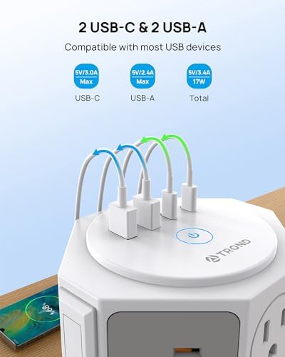 TROND Tower Surge Protector Power Strip – 14 Spacious Outlets & 4 Fast USB Ports (2 USB-C) – 2100 Joules Surge Defense – 6 Feet Versatile Extension Cord for Home Office & Dorm Setup – Streamlined Design for Optimal Charging Efficiency and Device Safety