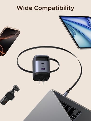 UGREEN 100 W USB-C Retractable Charger Block with Built-in Cable – Fast Charging Wall Adapter for Multi-Device Compatibility, Ideal for Mac Book Pro/Air, i Phone 16, Galaxy S25, Pixel, and More – Compact Ga N Technology for On-the-Go Convenience