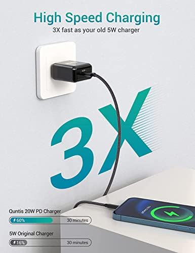 Quntis 20 W High-Speed i Phone Charger Block with 6 FT USB-C to Lightning Cable – Rapid Charging Solution for i Phone 14, 13 Pro, Max, Mini, 12, 11, XS, XR, X, and i Pad – Compact, Durable, and MFi Certified for Optimal Performance