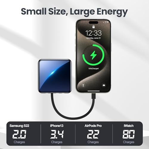 Ultra-Compact 12000 m Ah Fast Charging Power Bank with Built-in Cables – All-in-One Portable Charger for i Phone, Tablets & Samsung Devices, Featuring USB C Input/Output and LED Battery Display for Maximum Efficiency and On-the-Go Convenience