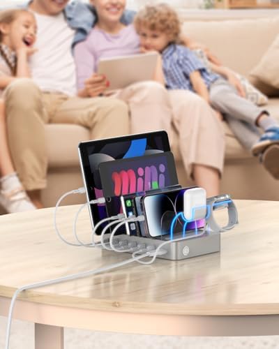 Soo Pii 60 W 6-Port USB-C Charging Station with 20 W Fast Charge – Multi-Device Power Hub for i Phone 14/13/12, Includes 6 Short Cables & 2-in-1 Holder for Organized Charging – Perfect for Home, Office & Travel