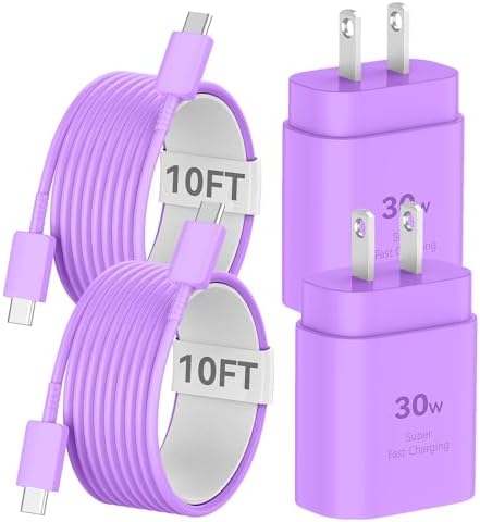 Auorld 30 W USB-C Fast Charger with 10 FT Cable – High-Performance Rapid Charging for i Phone 15/16, i Pad, Samsung Galaxy & Google Pixel – Stylish Purple Design for Maximum Flexibility and Compatibility on the Go