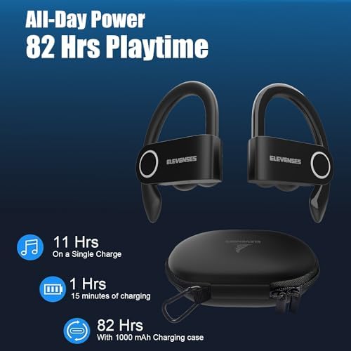 High-Performance Waterproof Bluetooth Earbuds with 82-Hour Battery Life, Ergonomic Earhooks & PU Leather Charging Case – Ideal Wireless Headphones for Gym, Running & Outdoor Activities with Hi-Fi Sound Quality and Built-in Mic for Seamless Connectivity