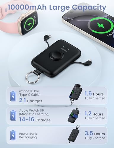 Experience Uninterrupted Power with RORRY 10000 m Ah Portable Charger: PD 20 W Fast Charge Power Bank with Integrated Cables for i Phone 16/15/14/13/12/11 & Apple Watch Ultra/10/9/8/7/6/5/4/3 – Sleek Pink Design for Travelers and Professionals – Hassle-Free Charging on the Go
