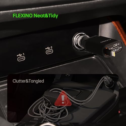 Ultra-Slim Flexino Retractable Car Charger – 57 W Fast Charge for i Phone 16/15, Galaxy, Pixel – Dual USB-C Ports for Concurrent Charging – Compact & Tangle-Free Design – Essential Travel Accessory for Seamless Connectivity