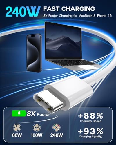 USB C to USB C,240W USB-C Woven Charge Cable,6.6ft 2Pack USB C Cable Fast Charging Cord for Apple MacBook Pro/MacBook Air,iPad Pro/Air,iPad mini,iPhone 16 15 Pro Max Plus Compatible 140W/100W/60W/45W – Enhanced Compatibility and Speed