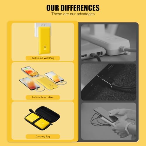 Ultimate Brand Q 10000 m Ah Portable Charger with Built-in Cables and AC Wall Plug – Fast Charging Power Bank with USB-C, Triple Output Ports for i Phone, Tablet & All Smartphones – Perfect Travel Companion for On-the-Go Charging