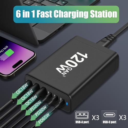 Ultra-Fast 120 W Ga N III 6-Port USB-C Charging Hub – Versatile Wall Power Adapter with 3 USB-C & 3 USB-A Ports for Seamless Charging of Mac Book Pro/Air, i Phone 15/14/13/12/11, and Galaxy S24/S23/S22 – Compact, Lightweight Design for Home, Office, and Travel Efficiency