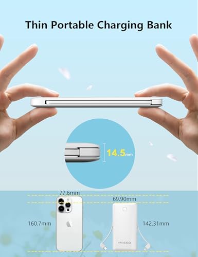 Ultra-Slim 10,000 m Ah Portable Power Bank with Built-In Cables for Effortless Charging, Dual USB-C Ports for Fast Device Compatibility, Lightweight External Charger for i Phone and Android, Pearl White – Your Go-To Travel Companion for Uninterrupted Power