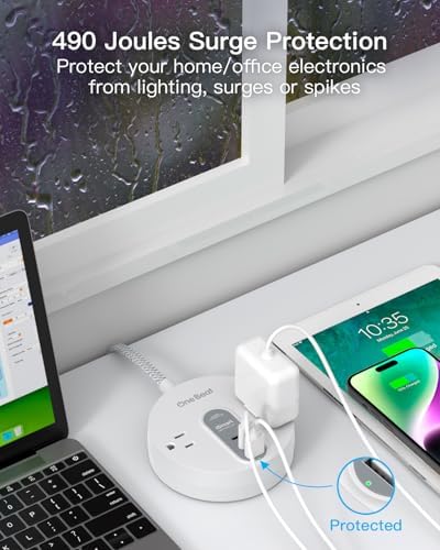 Compact Power Strip Surge Protector with USB-C Charging – 5 ft Flat Plug Extension Cord Featuring 2 AC Outlets & 3 USB Ports for Home, Office, and Travel – 490 J Surge Protection for Safe Device Charging and Efficient Organization