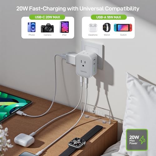 EPICKA 8-Outlet Hybrid Wall Charger with 4 USB Ports – 20 W USB-C Fast Charging Adapter for Travel and Home – Compact, Lightweight, and Foldable Multi-Plug Extender for Ultimate Portability and Device Compatibility