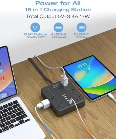 Maximize Your Charging Potential with AOFO 5 Ft Flat Plug Power Strip: 12 Outlet Surge Protector & 6 USB Ports (4 USB-A, 2 USB-C) for Home, Office, and Dorm Use – Reliable, Safe, and Space-Saving Design for All Your Devices