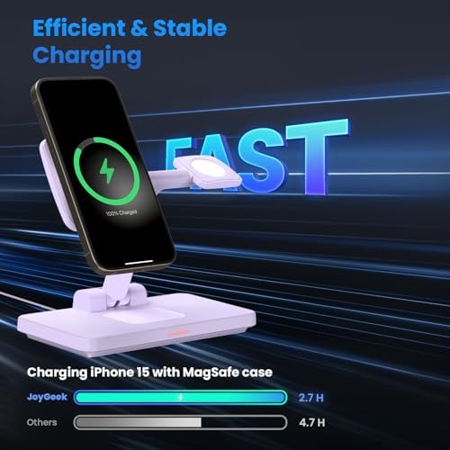 Joy Geek 3-in-1 Foldable Wireless Charging Station for Mag-Safe i Phone – Ultimate Travel Dock for i Phone 12-16 Pro Max, Apple Watch Series 4-10, and Air Pods Pro 2/3/4 – Fast, Compact, and Convenient Power Solution for On-the-Go Charging