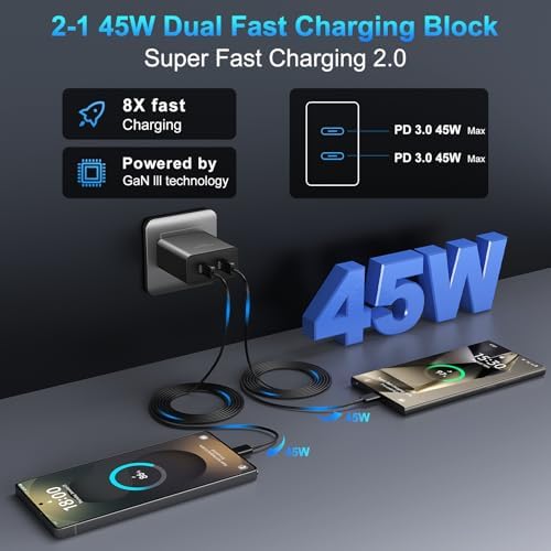 45 W Super Fast USB-C Charger for Samsung Galaxy | Dual Port Fast Charging Block with 10 FT Cable | Ultimate Compatibility for Galaxy S25/S24/S23/S22 Series | Efficient, Reliable, and Travel-Friendly Charging Solution