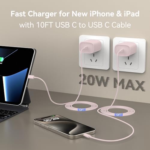 Ultimate 10 FT USB-C Fast Charging Kit for i Phone 16 and 15 – 20 W Power Adapter & Extra Long Cord for Rapid Charging of i Pads and Android Devices – Enhanced Compatibility and Durability for Everyday Use