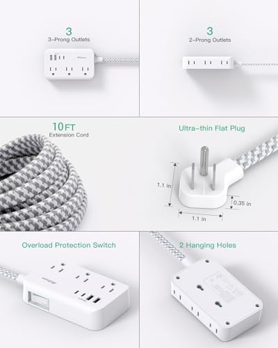 Compact Power Strip with 6 Outlets and 4 USB Ports (2 USB-C) – 5 Ft Braided Extension Cord with Ultra-Slim Flat Plug for Wall Mounting – Essential Overload Protection for Travel, Dorm Rooms, and Cruise Ships – Versatile Device Charger for Modern Living