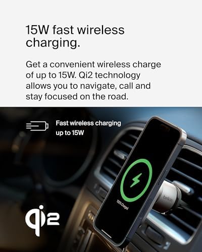 Effortless On-the-Go Charging: Belkin 15 W Magnetic Wireless Car Charger – Qi2-Certified, Mag Safe-Compatible Vent Mount for i Phone 12-16 & Samsung Galaxy S25 – Sleek Gray Design for Enhanced Device Stability and Fast Power Delivery