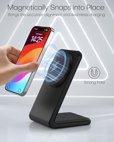 Mag-Safe Wireless Charging Stand for i Phone 16 – Fast Charging with 20 W Adapter & 5 Ft Cable, Magnetic Alignment for i Phone 15/14/13/12 – Sleek Black Design for Effortless Charging and Enhanced Compatibility
