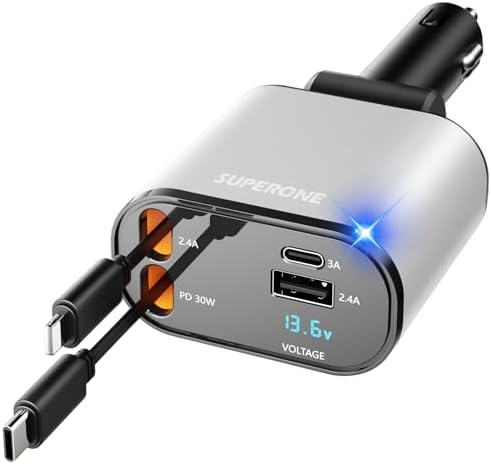 Introducing the SUPERONE 4-in-1 Retractable Fast Car Charger: Ultimate On-the-Go Charging Solution for i Phone, Galaxy & Pixel Devices – Featuring 2.6 ft Tangle-Free Cord, Enhanced USB C & Apple Compatibility, and Sleek Design for Effortless Portability. Experience lightning-fast charging to keep your devices powered during road trips or daily commutes, ensuring you’re always connected. This innovative retractable charger is engineered for maximum efficiency, accommodating a wide range of smartphones including i Phone 16, 15/15 Pro Max, 14, 13, 12, 11 and popular Galaxy and Pixel models. With its compact construction and high-quality materials, this charger not only enhances your charging experience but also withstands everyday wear and tear. Elevate your mobile charging with the SUPERONE car charger – where convenience meets cutting-edge technology for busy professionals and families on the move.