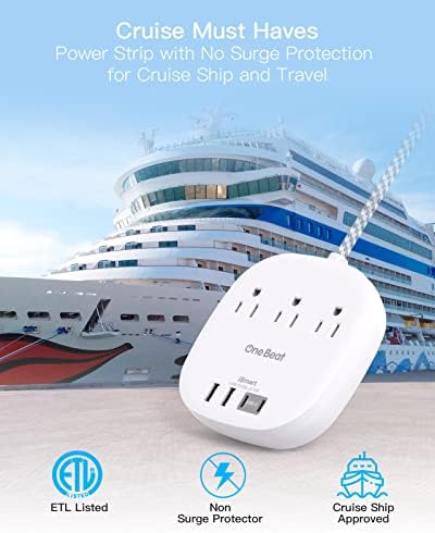 10 Ft Flat Plug Power Strip with 3 AC Outlets & 4 USB Ports, Ideal Desktop Charging Station for Cruise Ships & Dorms – Compact Design & Fast Charging for Multi-Device Use