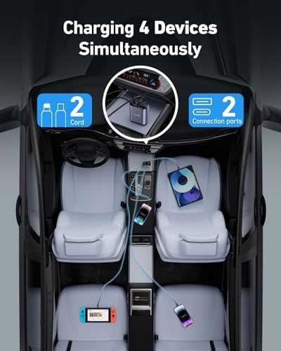 Revolutionize Your Road Trips with the UYOUNG 100 W Retractable Car Charger – 4-in-1 Fast Charging Solution with Dual 31.5-Inch Cables & Dual USB Ports for i Phone 15/14/13/12/11 Pro Max, Samsung, Pixel, and More – Ultimate Compatibility & Speed for Modern Travelers