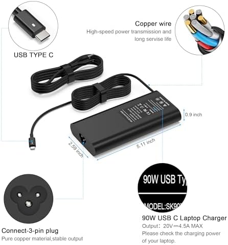 Dell 65 W USB-C Laptop Charger – High-Speed Replacement for XPS, Chromebook, Latitude, and Inspiron Models – Dual Compatibility for Home and Office Use – Enhanced Power Delivery (PD 3.0) for Efficient Charging – Ideal AC Adapter for Work and Travel