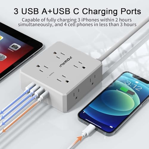 Maximize Your Power Management with a 6 Ft Surge Protector Power Strip – 8 Outlet Extension Cord Featuring 4 Fast USB Charging Ports (1 USB-C), Ideal for Home Office Convenience and Safety, ETL Listed for Enhanced Surge Protection and Compatibility