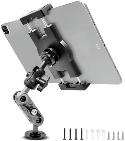 Premium Aluminum Heavy Duty Tablet Holder Mount for Vehicles – 360° Adjustable Drill Base Stand for i Pad Pro, Air, Mini & Samsung Galaxy Tabs (4.7″ – 12.9″) – Ideal for Car, Truck, Wall, and Desk Use with Enhanced Stability and Effortless Access
