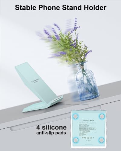 NANAMI 15 W Qi Certified Fast Wireless Charger Stand – Ergonomically Designed for i Phone 16/15/15 Pro/Plus/Max & Samsung Galaxy S25/S24/S23/S22/S21 – Ultra-Fast Charging with Advanced Safety Features for All Qi-Compatible Devices – Sleek, Space-Saving Solution for Effortless Charging at Home or Office