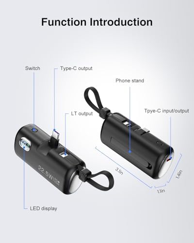 Compact 5000 m Ah Mini Power Bank with Integrated Foldable USB-C Connector – 22.5 W Fast Charging Portable Charger for i Phone 16/15/14/13/12/11, Samsung, Huawei, i Pad & More – Ultimate Solution for On-the-Go Power and Convenience