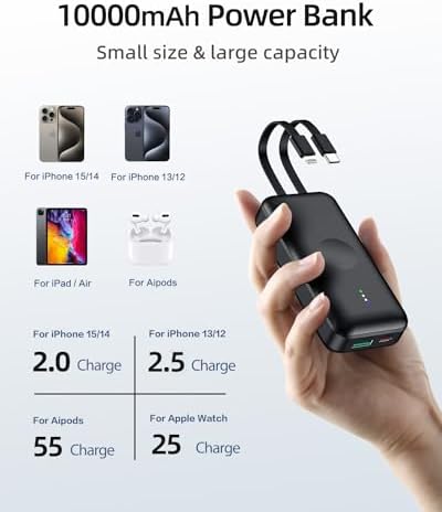Compact 10,000 m Ah Portable Apple Watch Charger – Fast Charging Mini Power Bank with Integrated Cable for Apple Watch 9/Ultra/8/7/6/SE/5/4/3/2 and i Phone 14/13/12/11/Samsung – Ultimate Travel Companion for Efficient Device Powering