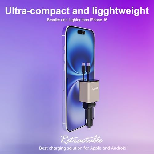 Premium Flexino Compact Retractable Car Charger for i Phone 16 – 69 W Fast Charging with Dual 2.6 ft USB C Cords | Efficient Power Adapter Compatible with i Phone 16/15/14/13/12 Series & Galaxy Devices | Sleek Grey Design for Ultimate Portability and Reduced Cable Clutter