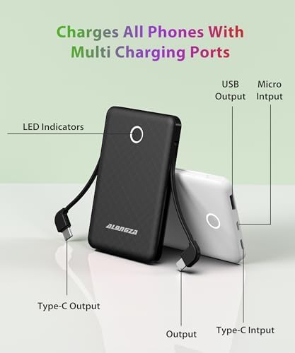 Compact 6000 m Ah Portable Power Bank with Built-in Cable – Lightweight Fast Charging External Battery for i Phone and Android – Ultimate Travel Companion for On-the-Go Charging Efficiency