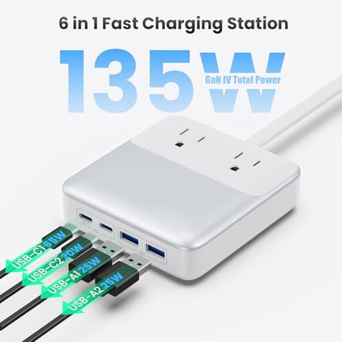 High-Power 135 W Ga N USB C Charging Hub – 6-in-1 Power Station with 2 AC Outlets, 2 USB-A & 2 USB-C Ports, 5 ft Cord, Ideal for PD 65 W Laptop Charging (Mac Book Air/Pro, i Phone 16/15, Galaxy S24) – Fast, Efficient, Universal Device Charger for Home and Travel