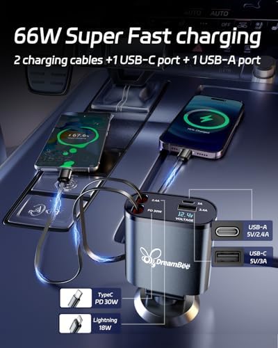 Ultimate 66 W Retractable Car Phone Charger – Fast Dual Type-C Charging Solution for i Phone 15/14, Samsung Galaxy S23+/S23/S22, i Pads – Tangle-Free Design for Efficient Multi-Device Power-Up in Cars and Trucks – Perfect Travel Accessory with Built-In Safety Features