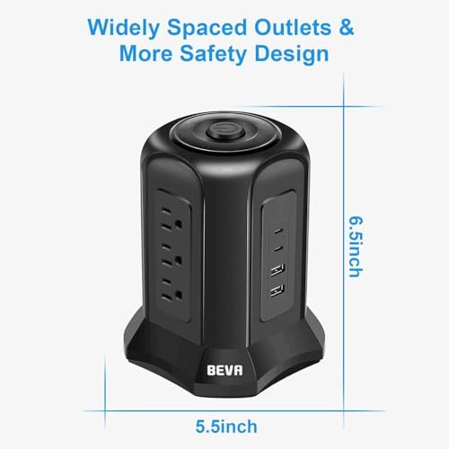 BEVA Tower Surge Protector Power Strip: 9 AC Outlets & 4 Fast-Charging USB Ports for Ultimate Device Connectivity, 6.5 FT 18 AWG Extension Cord with 3-Prong Flat Plug – Ideal Desk Charging Station for Office, Dorm & Home Use, Ensuring Safety & Efficiency
