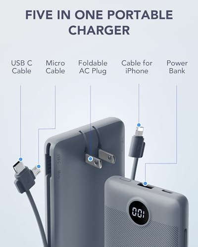 VRURC 10000 m Ah Portable Charger with Built-in Cables & AC Plug – Lightweight USB-C Power Bank for Effortless Device Charging on the Go – Stylish Green External Battery for Smartphones and Tablets – Ultimate Travel Companion for Uninterrupted Connectivity and Enhanced Compatibility