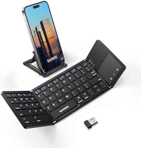 Samsers Portable Bluetooth Keyboard with Touchpad – Ultra-Slim Foldable Wireless Keyboard for Effortless Typing on Android, Windows, and i OS Devices – Rechargeable, Travel-Friendly Design with Device Holder – Black