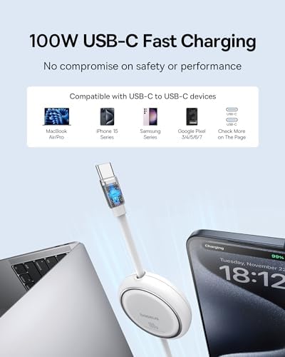 Baseus 100 W Retractable USB-C to USB-C Charging Cable – Versatile 6.6 ft Length with 7 Adjustable Stages for High-Speed Charging of i Phone 16/15 Pro Plus, Mac Book, i Pad Pro, Samsung S24/S23+ – Durable, Tangle-Free Solution for Home and Travel Charging Needs