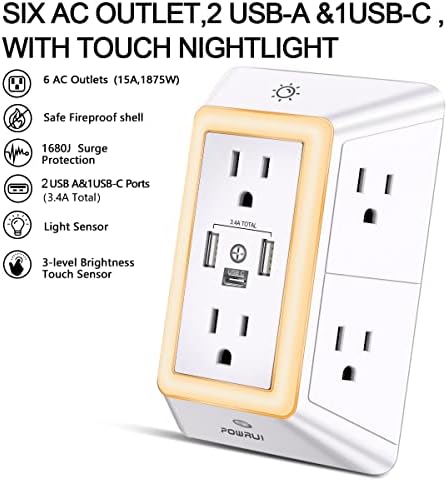 POWRUI 6-Outlet Surge Protector with 3 USB Ports (1 USB-C) and Integrated Night Light – Space-Efficient Power Strip for Home & Office – ETL Listed for Ultimate Safety and Fast Charging – Versatile 3-Sided Design with Adapter Spaced Outlets for Large Plugs – Streamline Your Charging Needs with Enhanced Compatibility and Reliability