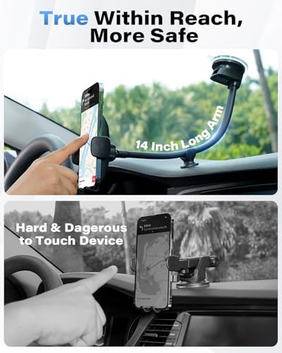 Ultimate 14-Inch Gooseneck Car Phone Mount Holder with Industrial-Strength Suction for Windshield Stability – Hands-Free Universal Cell Phone Holder Compatible with i Phones and Androids for Safe Navigation and Entertainment