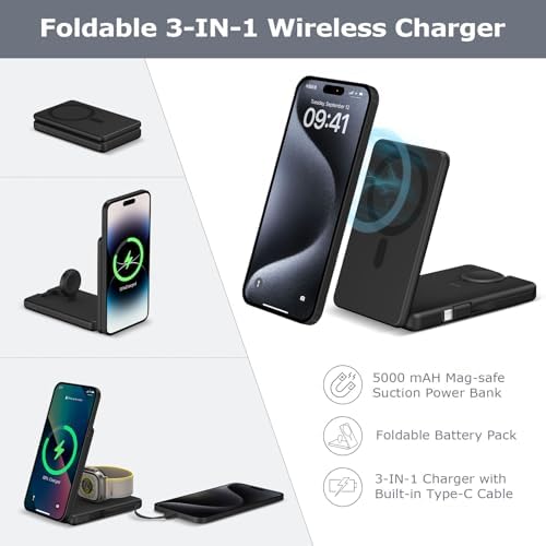 DDUAN 3-in-1 Wireless Charging Station for i Phone and Apple Watch – Foldable 5000 m Ah Magnetic Power Bank with Fast USB-C Charging for i Phone 16/15/14/13/12 Series – Sleek, Portable Design for Home and Travel