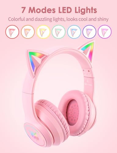 Whimsical Cat Ear Bluetooth Headphones for Kids & Adults – Immersive Hi-Fi Sound, 55-Hour Playtime, LED Light-Up Design, Built-In Microphone, and Universal Compatibility with i Phone, i Pad, Laptop & PC for Ultimate Fun and Comfort