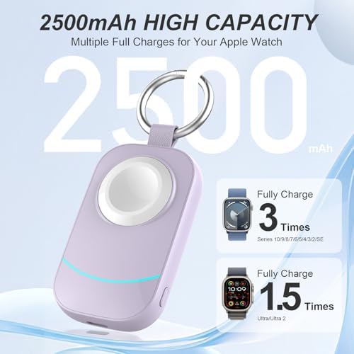 Portable Keychain Charger for Apple Watch – 2500 m Ah Fast Wireless Power Bank for Series 10, 9, SE & Ultra 2 – Essential Travel Companion for Effortless Charging Anytime, Anywhere – Lightweight, Durable, and User-Friendly Design for Active Lifestyles – Versatile Smartwatch Charging Solution